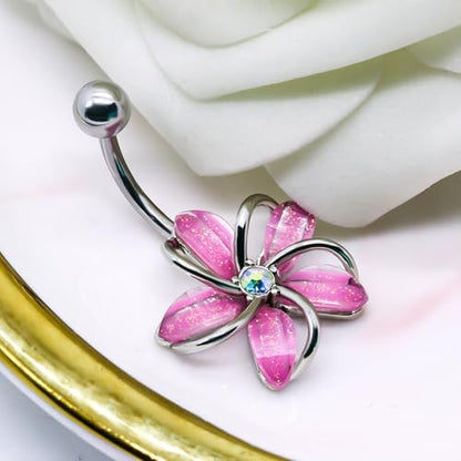 VERAMI 14G 316L Flower Belly Button Ring Surgical Steel Cute Flower Belly Button Ring Body Piercing Jewelry - color: Pink flower