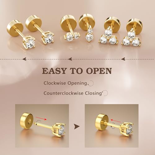 14K Gold Plated 925 Sterling Silver Flat Back Earrings Set | Hypoallergenic Cartilage Helix Conch Tragus Piercing Jewelry 3 Pairs Small Screw Dainty CZ Opal Earring Set Men Women - color: Gold, Style A