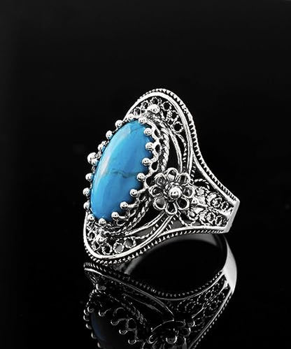 Filigranist 925 Sterling Silver Handcrafted Filigree Art Flower Pattern Woman Oval Statement Ring, Gift Boxed - color: Turquoise