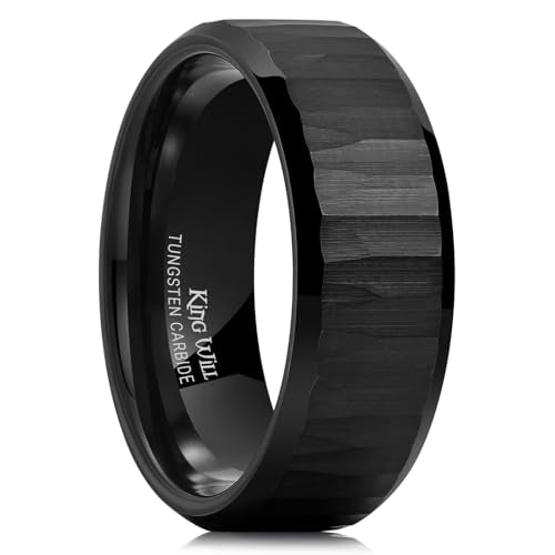 King Will 8mm Mens Hammered Tungsten Rings Matte Brushed Finish | Beveled Edge, Comfort Fit, Durable, Everyday Wear - color: Black