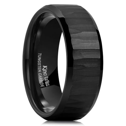 King Will 8mm Mens Hammered Tungsten Rings Matte Brushed Finish | Beveled Edge, Comfort Fit, Durable, Everyday Wear - color: Black