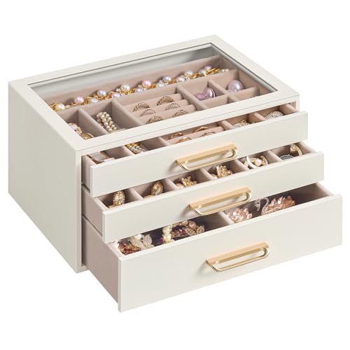 SONGMICS Jewelry Box with Glass Window, 3-Layer Organizer | Jewelry storage organizer with 3 drawers, Golden Handles, for Rings, Earrings, Bracelets, Gift Idea, Cream White UJBC206WD02S - color: Cream White, size: 3-Tier