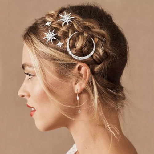 BARTOSI Rhinestone Moon Hair Clips Silver Star Hairpins Crystal Decorative Bobby Pin Bride Wedding Hair Pins Side Clip Hair Accessories for Women and Girls (Pack of 3) - color: Silver