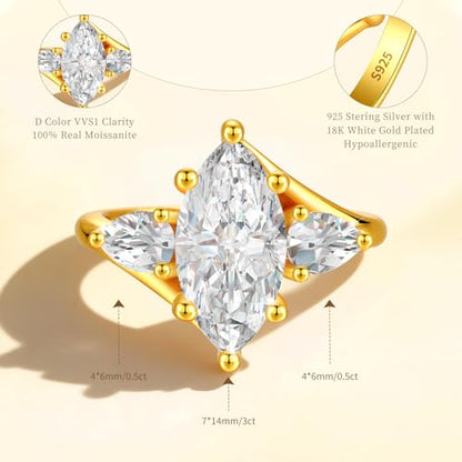 4CT 3 Stone Moissanite Engagement Ring for Women, Marquise Cut D Color VVS1, 925 Sterling Silver with 18K White Gold Plated, Anniversary Promise Ring for Her, Wedding Ring with Gift Box - color: Yellow