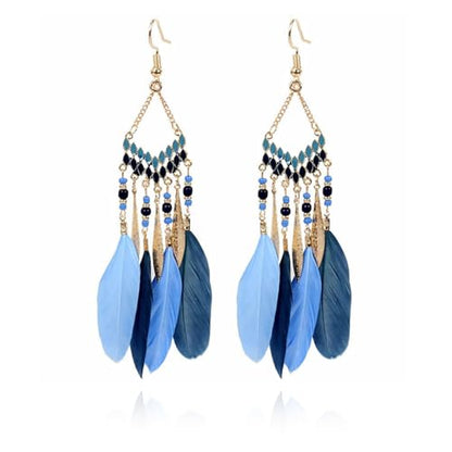 Faux Feather Fringe Tassel Long Dangle Earrings for Women | Bohemian Women Tassel Drop Jewelry - color: blue