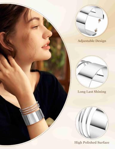 2 Pcs Gold Cuff Bangle Bracelet Set for Women Irregular Minimalist Statement Bangle Bracelets Wide Open Chunky Wire Bracelets Wrist Cuff Adjustable Hammered Bracelet - color: Silver F