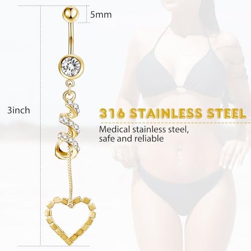 Yaomiao 18 Pcs 14G Stainless Steel Belly Button Ring Rhinestone Heart Dangle Belly Button Rings for Women - color: Gold, Elegant Style