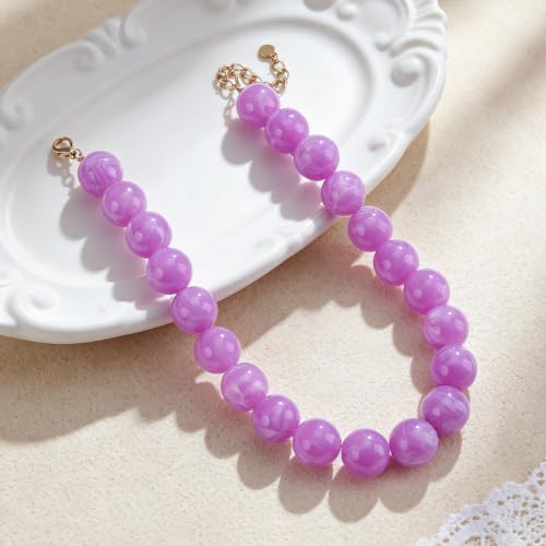Chunky Beaded Necklace for Women Trendy Boho Collar Statement Necklace Large Round Resin Beads Choker Necklaces Summer Beach Jewelry Gifts - color: Purple