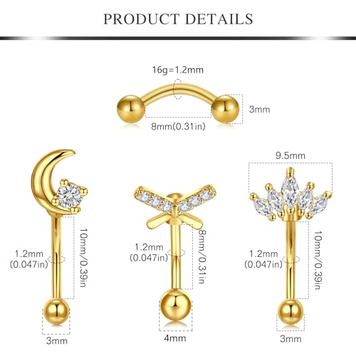 AVYRING 16g Rook Piercing Jewelry Gold Silver Eyebrow Rings Curved Barbell Daith Earrings for Women Horseshoe Septum Hoop Helix Earrings Surgical Steel Belly Button Rings Vertical Labret Lip Jewelry - style: B1- 6pcs -gold