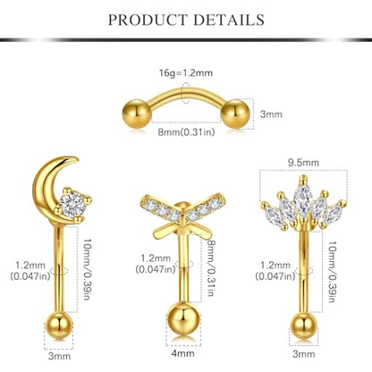 AVYRING 16g Rook Piercing Jewelry Gold Silver Eyebrow Rings Curved Barbell Daith Earrings for Women Horseshoe Septum Hoop Helix Earrings Surgical Steel Belly Button Rings Vertical Labret Lip Jewelry - style: B1- 6pcs -gold