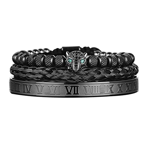 3pcs/set Classical Handmade Braiding Bracelet Hip Hop Men Pave CZ Leopard Head Roman Numeral Bracelet Stainless Steel Jewelry - color: 3pcs A Black Set A
