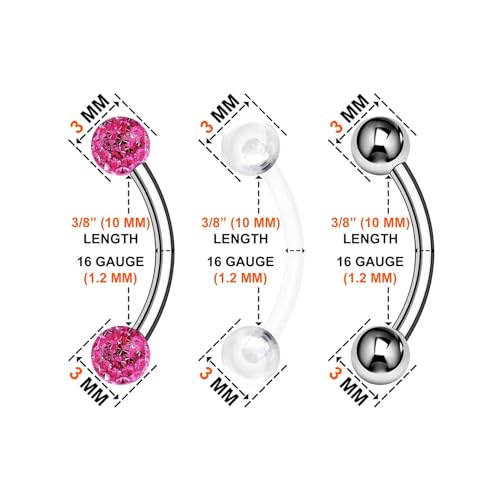 Surgical Steel Curved Barbell Ring 16g 5/16 8mm 3mm Ferido Ball Helix Earring Eyebrow Piercing Jewelry Choose Colors and Size - color: R-6pcs-Rose-16g-3/8"(10mm)-3mmBall
