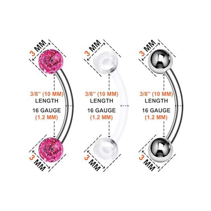 Surgical Steel Curved Barbell Ring 16g 5/16 8mm 3mm Ferido Ball Helix Earring Eyebrow Piercing Jewelry Choose Colors and Size - color: R-6pcs-Rose-16g-3/8"(10mm)-3mmBall