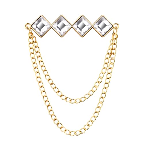 Gem Brooch Pins Hanging Chain Lapel Pin for Men Suits Metal Tassel Chain Collar Pins Suit Brooch Vintage Crystal Rhinestone Brooches for Men Wedding Business Prom Party - color: White