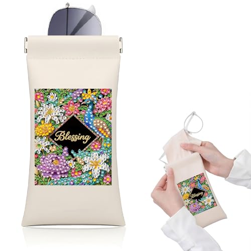 Diamond Art Painting Eye Glass Bag PU Sunglasses Glasses Storage Bag Built-in Glasses Cloth Press Automatic Closure - color: Peafowl