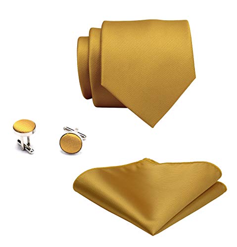 GUSLESON 3.15"（8cm） Solid Color Necktie and Pocket Square Cufflinks Sets For Men + Gift Box - color: Goldenrod