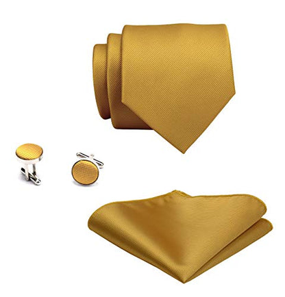 GUSLESON 3.15"（8cm） Solid Color Necktie and Pocket Square Cufflinks Sets For Men + Gift Box - color: Goldenrod