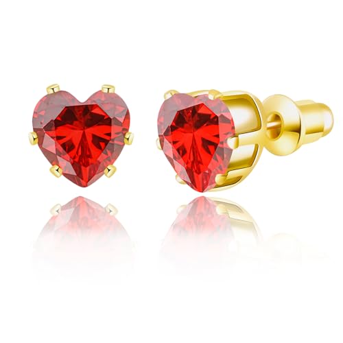 8mm Heart-Cut Birthstone Stud Earrings for Women – 18K Gold Plated Hypoallergenic Cubic Zirconia Earrings, Nickel Free, 12 Months Colors, Everyday Jewelry, Gift for Her, Bridal, Birthday, Christmas - color: 07 Jul Ruby