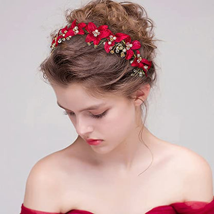 DonLeeving Bridal Red Crystal Headband Princess Flower Hair Vine Headpiece Pearl Wedding Queen Crowns and Tiaras Bride Floral Red Headband for Women and Girls Halloween Decor