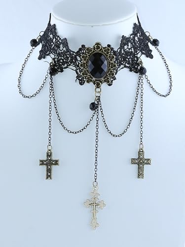 Gothic Victorian Style Vampire Choker Necklace for Women Black Crystal Tassel Lace Collar Necklace Halloween Punk Black Sexy Lace Necklace Halloween Cavewoman Costume - style: Cross Pendant
