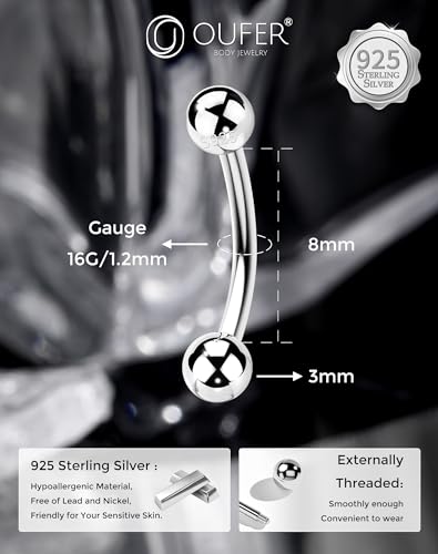 OUFER 925 Sterling Silver Rook Piercing Jewelry, Eyebrow Piercing Jewelry, Vertical Labret Lip Jewelry, 16G Curved Barbells, Eyebrow Rings, Daith Rook Earrings for Women Men-8mm