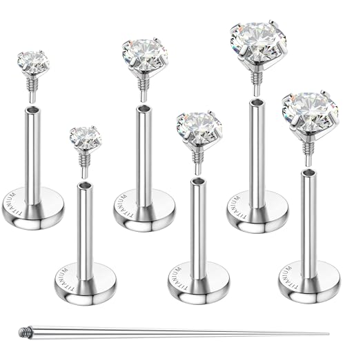 G23 Implant Grade Titanium Flat Back Earrings 16G/18G/20G | 3 Pairs Astm F136 Hypoallergenic Flatback Earrings Internally Threaded Studs for Nose, Helix, Tragus, Conch, Labret Piercing - color: Silver, size: 18G(1.0MM) Bar-6/7/8mm & CZ-2/3/4mm