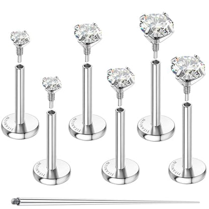G23 Implant Grade Titanium Flat Back Earrings 16G/18G/20G | 3 Pairs Astm F136 Hypoallergenic Flatback Earrings Internally Threaded Studs for Nose, Helix, Tragus, Conch, Labret Piercing - color: Silver, size: 18G(1.0MM) Bar-6/7/8mm & CZ-2/3/4mm