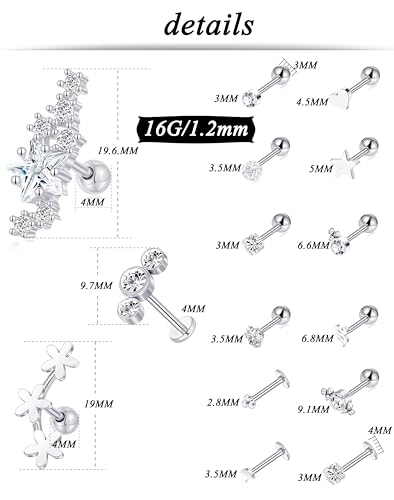 Tornito 9-30Pcs Cartilage CZ Stud Earrings Conch Forward Helix Tragus Daith Piercing Lip Rings Snake Heart Butterfly Jewelry for Women Men 16G Silver Gold Tone - color: B1:30Pcs, Silver Tone
