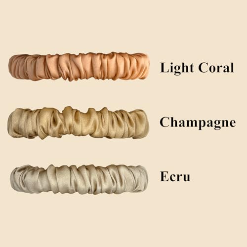 VLOMOT 3 Pcs Set 100% Pure Mulberry Silk Hair Scrunchies (Champagne) | Silk Hair Ties for Thin Hair with 3 Chic Colors Everyday Skinny Scrunchies Silk Ponytail Holders Hair Care No Damage - color: Champagne