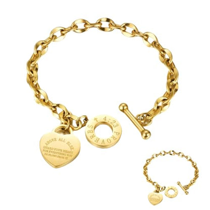 Heart Charm Bracelet Plated 18K Gold/Silver/Rose Gold Bible Scripture Heart Bracelet for Women Jewelry Gift Zircon Her Link Chain OT Clasp Stainless Steel Birthday - color: 18k Gold, size: 9.1 inch