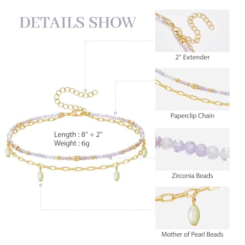 KissYan Beaded Anklets for Women, Seed Beads Layered Ankle Bracelets | Zirconia Anklet with 14K Gold Plated Link Chain, Adjustable Summer Bead Foot Chain, Sparkling Handmade Jewelry Gift - color: Violet