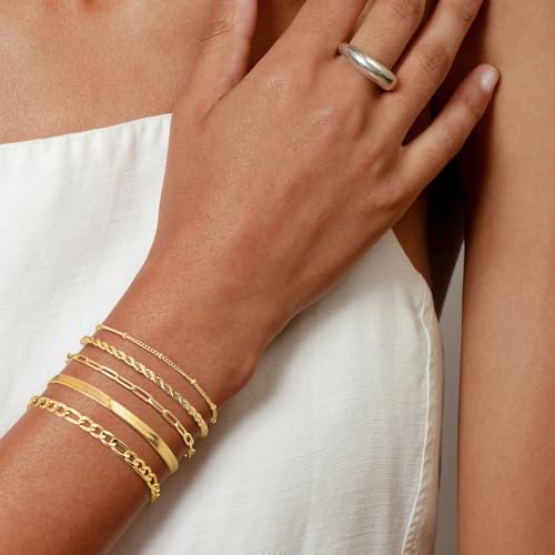 MOINSPIRE Bracelets for Women Non Tarnish, Dainty 18K Gold Plated Bracelets Stack Trendy Waterproof Stackable Bangles, Cuban Link Paperclip Chain Jewelry Set Fashion Accessories Gifts for Women - color: A3-Gold 5pc Bracelets