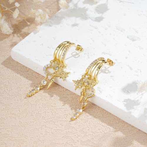 14K Gold Plated Dangle Earrings for Women, Dainty Hoop Huggie Studs, Long Hanging Tassel Chain Multi Pierced Ear Stacking Jewelry Gifts - color: Star Moon Dangle-Gold