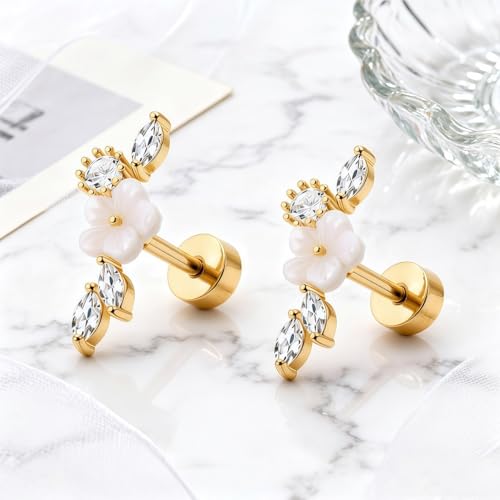 Stainless Steel Flower Pearl CZ Ear Crawler Earrings for Women, 1 Pair 16G Mother of Pearl Cubic Zirconia Screw Back Flat Back Stud Earrings, Dainty Sparkly Hypoallergenic Jewelry for Sensitive Ears - color: Silver