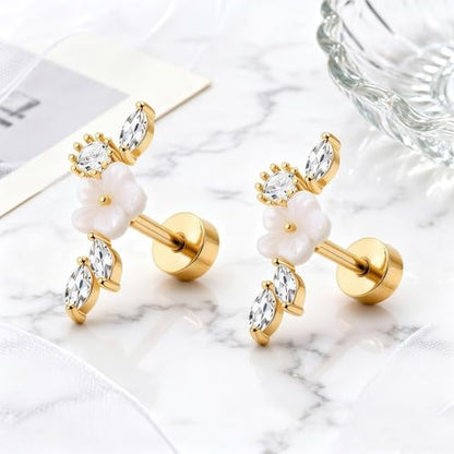 Stainless Steel Flower Pearl CZ Ear Crawler Earrings for Women, 1 Pair 16G Mother of Pearl Cubic Zirconia Screw Back Flat Back Stud Earrings, Dainty Sparkly Hypoallergenic Jewelry for Sensitive Ears - color: Gold