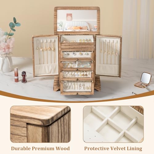 Large Jewelry Box & Organizer for Women, Wooden Jewelry Storage with 4 Transparent Drawers, Holds Necklaces, Rings, Bracelets, Earrings and Watches(Brown) - color: Rustic Brown
