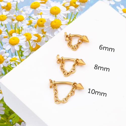 3 Pcs 316L Stainless Steel 16G Tragus Helix Rook Piercing Jewelry with Chain, Cartilage Earrings for Women, Belly Button Ring Vertical Labret Lip Piercing Jewelry - color: Gold, size: Star