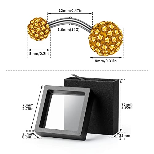 2-Piece 14G Belly Button Rings, Rhinestone Disco Balls | Hypoallergenic stainless steel with 5mm top and 8mm bottom rhinestone balls, gift-boxed navel piercing jewelry for women - color: Yellow