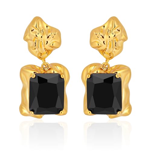 Chunky Gold Geometric Stud Earrings Trendy Vintage 14K Gold Plated Black Cubic Zirconia Statement Cocktail Earrings Dupes Jewelry for Women - style: Black Dangle