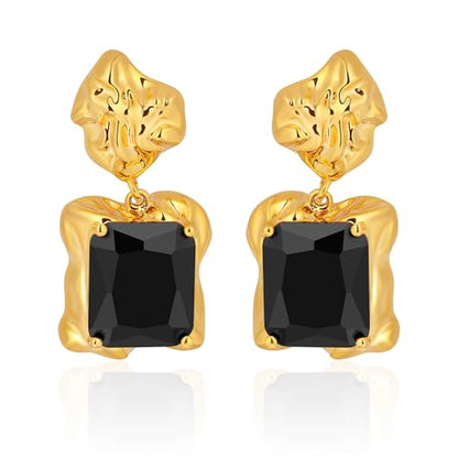 Chunky Gold Geometric Stud Earrings Trendy Vintage 14K Gold Plated Black Cubic Zirconia Statement Cocktail Earrings Dupes Jewelry for Women - style: Black Dangle
