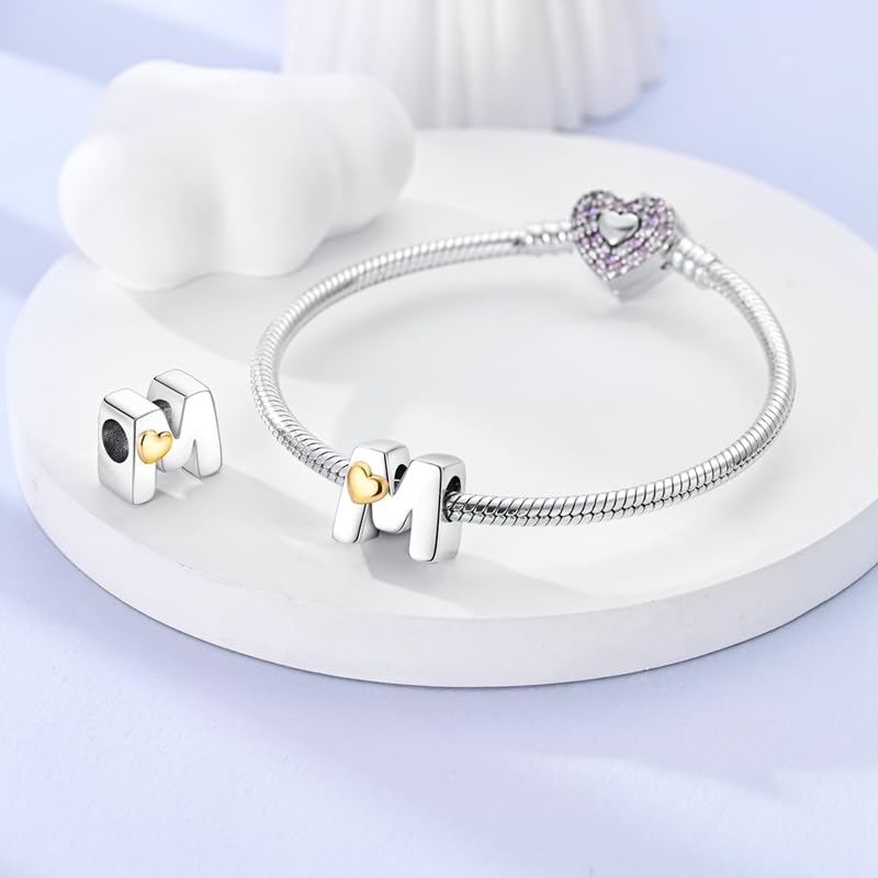 Women 925 Sterling Silver Charms A-Z Heart Letters Beads Pendant for Bracelets Women Fit Pandora Bracelets Hypoallergenic Beads - color: M