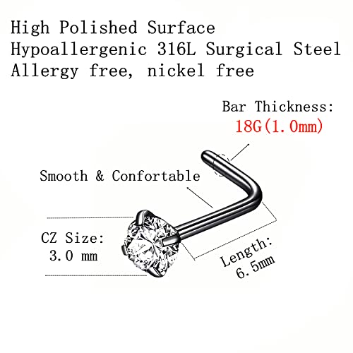 316L Surgical Steel 22g/20g/18g Nose Rings Studs L-Shape Nose Nostrial Piercing Body Jewerly L Shaped Nose Studs 1.5mm 2mm 2.5mm 3mm CZ Nose Screw Studs Rings for Women - style: 6pcs/L-shape/18g/3.0mm Clear CZ/Black