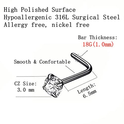 316L Surgical Steel 22g/20g/18g Nose Rings Studs L-Shape Nose Nostrial Piercing Body Jewerly L Shaped Nose Studs 1.5mm 2mm 2.5mm 3mm CZ Nose Screw Studs Rings for Women - style: 6pcs/L-shape/18g/3.0mm Clear CZ/Black