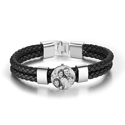 Personalized Braided Leather Bracelet with Photo Custom Name Beads Cuff Bangle Jewelry Gifts for Men Dad Husband Grandpa Fathers Day - color: 2 Names