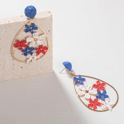 Boho Raffia Flower Teardrop Earrings Cute Colorful Dangle Trendy Jewelry | Floral Drop Statement Big Dangling Earring Hypoallergenic Gold Fun Unique Summer Spring Beach Vacation Outfits for Women - color: Flag