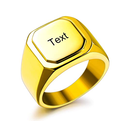 Initial Ring Letter Signet Ring for Men Women Personalized Name Engraved Stainless Steel Fashion Jewelry Wedding Couples Father Day Gift with Ring Size Adjusters - color: C3: Gold (Text)