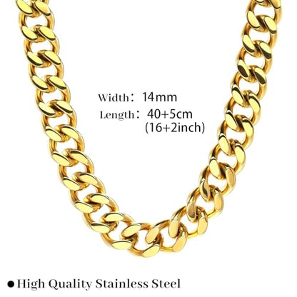 FEEL STYLE Chunky Gold Necklace for Women - 14K Gold Plated 10mm/14mm Cuban Link Chain & 8mm O-Link Chunky Necklace Fashion Jewelry Adjustable - color: Gold Chain, style: 14MM Cuban Link Chain
