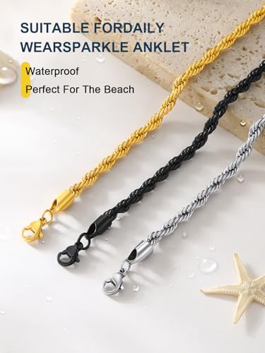 ChainsPro Resizable Anklet Chain for Women Men, Figaro/Wheat/Twist Rope/Cuban Foot Bracelet-Strong with Good Clasp-18K Gold Plated(Send Gift Box) - color: 09:twsit rope-Stainless