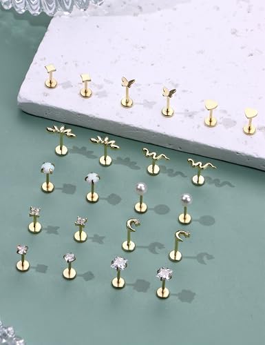 316L Stainless Steel 20G/16G Threadless Flat Back Push In Earrings Women | 11 Pairs 316L Hypoallergenic CZ Cartilage Conch Tragus Stud Earrings Nose Rings for Women, 14K Gold Plated, Silver, 6/7/8mm - color: 14K Gold Plated, size: 20G- bar length: 6/7/8mm