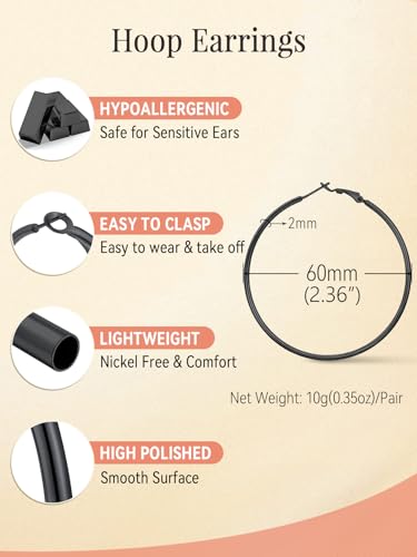 FaithHeart Silver/Black/Gold Stainless Steel Thin Hoop Earrings for Women | 2mm Wide Thin Large Hoop Earrings, Hypoallergenic Lightweight Trendy Jewelry, 20/30/40/50/60/70/80/90/100mm - color: Black, size: 60mm/2.36"
